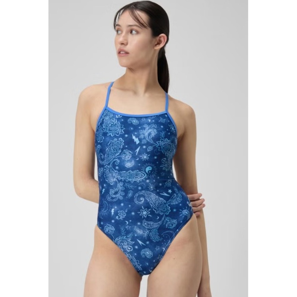 Speedo Double Crossback One Piece Blue Size 24 Racing Swimsuit Activewear EUC